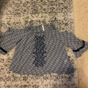 blue open shoulder flowy shirt